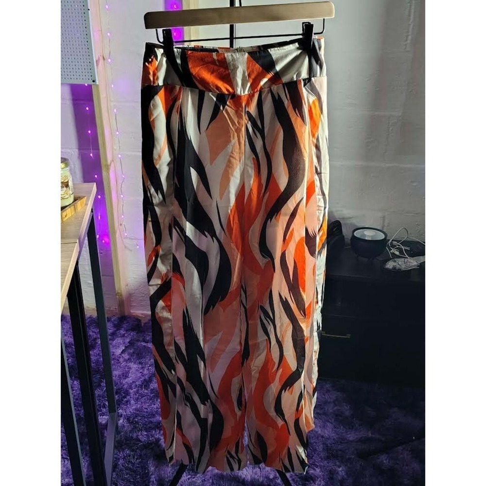 SHEIN Women's Orange Black White Flame Print Wide Leg‎ Palazzo Pants Size S